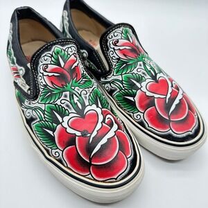 RARE Vans Oliver Peck Tattoo Rose Heart Slip On Shoes Womens 12 Black Red